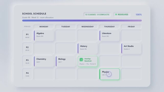 Digital interface showing the automated resolution of school schedule conflicts in a grid layout