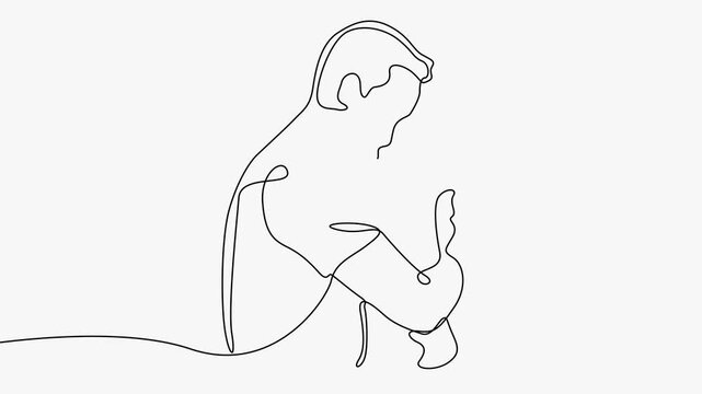 Continuous line art animation of a father embracing and holding a baby close with love.   