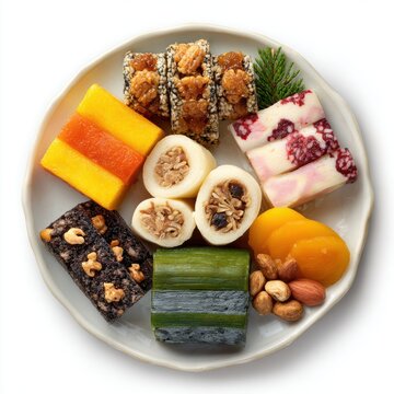 Japanese New Year osechi ryori assortment with datemaki kamab  isolated on a white background