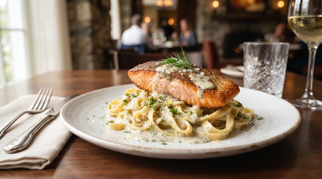 Grilled salmon served over fettuccine pasta on a ceramic plate, set on a classic wooden restaurant table; a delicious, nutritious dish with an appetizing presentation.