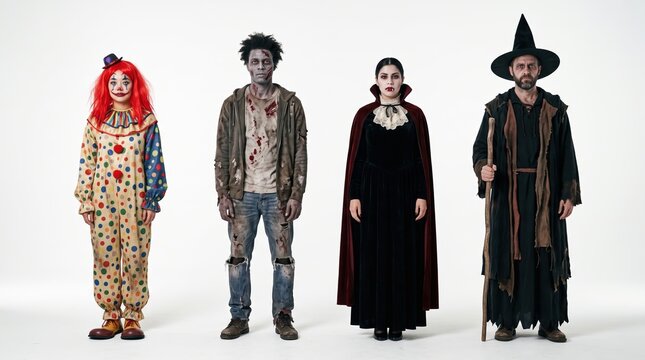 Group of friends in Halloween costumes standing against a white background