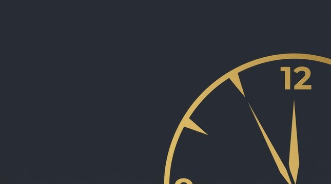 Golden New Year clock face showing midnight on dark background.