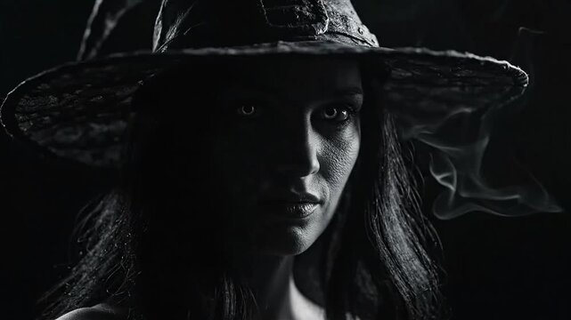 Surreal mysterious witch face emerging from darkness