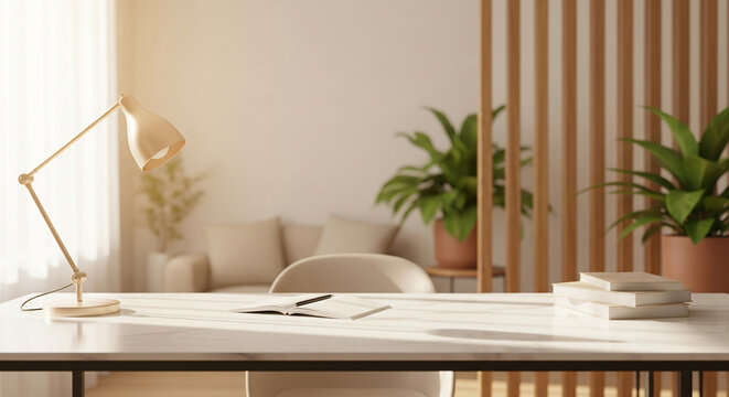 White marble desk with open book and lamp in a bright cozy home office