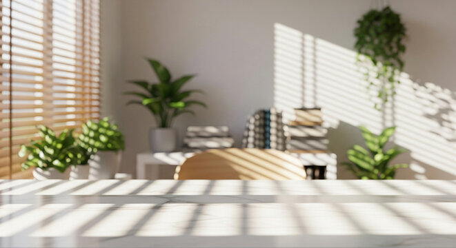 Empty white marble table top with blurred sunny room interior and window blind shadows