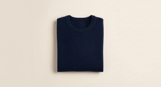 Neatly folded classic dark navy blue knit sweater on a neutral background