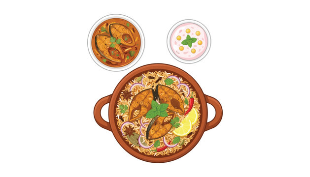 Traditional Indian fish biryani vector illustration served with rich fish curry gravy and refreshing boondi raita yogurt side dish