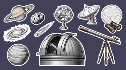 Astronomy Sticker Set Vector Space Telescope Observatory Planets Navy © Artixa