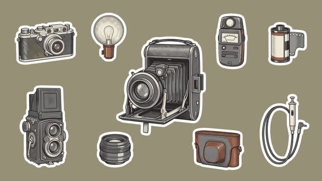 Vintage cameras vector sticker set with folding camera, rangefinder, light meter and film roll for photography posterVintage cameras vector sticker set with folding camera, rangefinder, light meter an