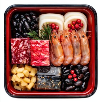 New Year osechi ryori with red and white kamaboko isolated on a white background