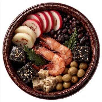 Japanese New Year osechi ryori with red and white kamaboko isolated on a white background