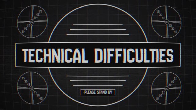 Technical Difficulties Screen with Glitch Effect and VHS Broadcast Interference Animation