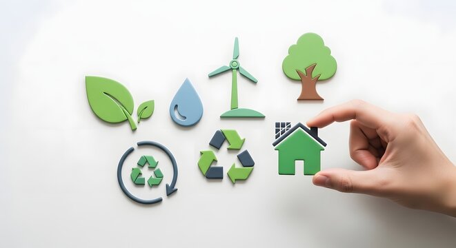 Sustainable living concept with hand holding green house icon surrounded by renewable energy and recycling symbols on white background
