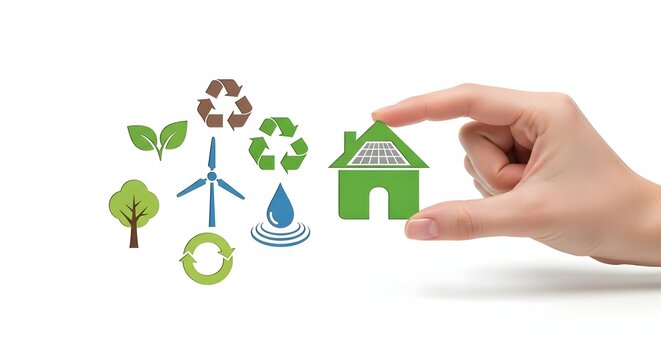 Hand holding green eco house model with sustainable energy and environmental icons on white background