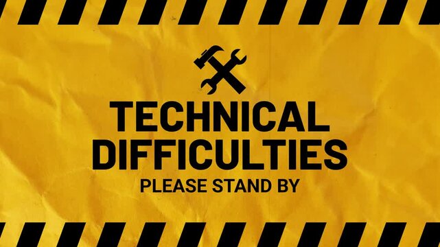 Technical Difficulties Warning Screen with Yellow Hazard Stripes and Vintage Grunge Animation