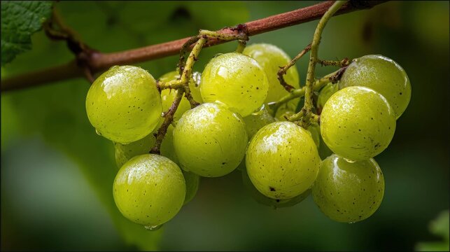 Ripe green grapes with a powdery bloom hanging from a vine in nature