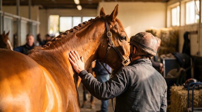 a man gently stroking a chestnut horse's neck inside a rustic wooden stable with soft warm natural light. Realistic lifestyle photography for horse care, equestrian bond, farm life and
