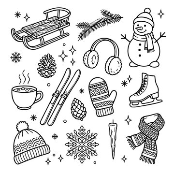 Cozy Winter Doodle Elements Set With Snowflakes Snowman And Ski Gear