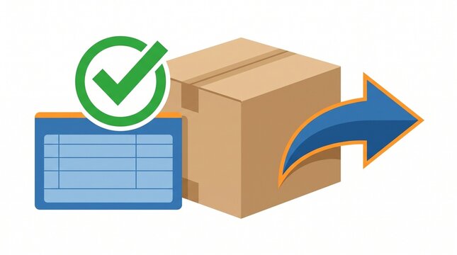 Cardboard parcel box with shipping label and checkmark icon on a