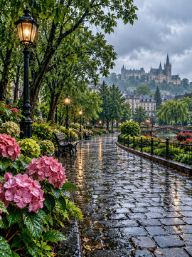 Rainy European Park Path With Lanterns And Castle In Background