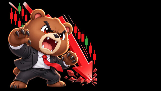 Aggressive bear driving down the stock market with falling candlestick chart on black background, financial crash concept with copy space