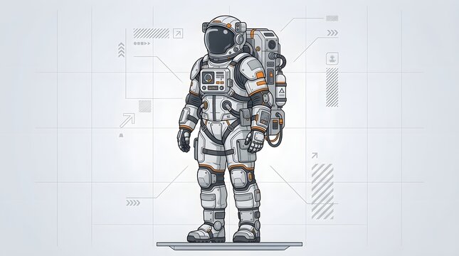 Astronaut in detailed spacesuit standing against technical ui lines