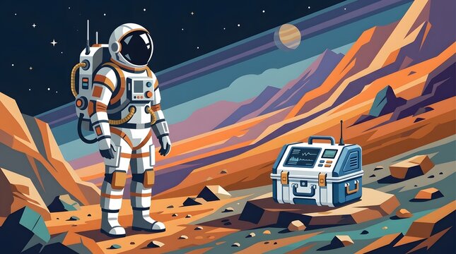 Astronaut exploring a rocky planet with scientific equipment