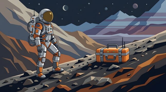 Astronaut explores a rocky alien planet surface with equipment