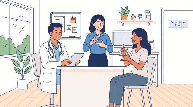 Doctor consulting patient with medical sign language interpreter language healthcare accessibilit