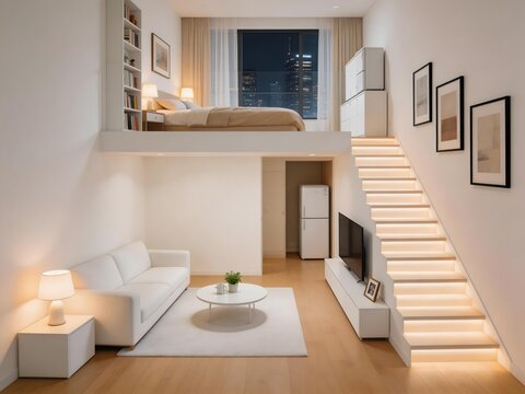 Modern loft apartment with mezzanine bedroom illuminated staircase white sofa and city view at night