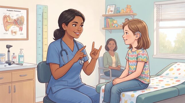 Pediatric doctor using medical sign language to talk with a young patient in a medical office