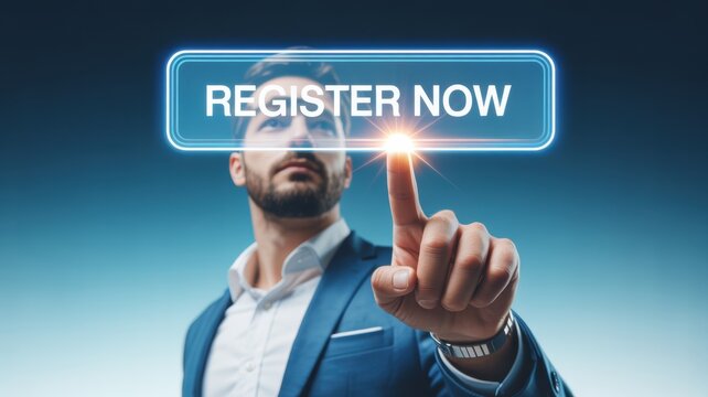 A professional man in a business suit presses a glowing digital register now button on a dark blue background with button text