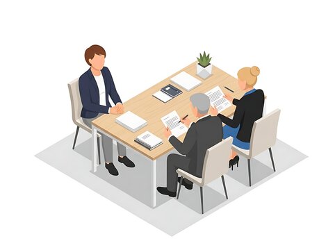 Isometric Job Interview Candidate with Two Interviewers &ndash; Career Recruitment Scene