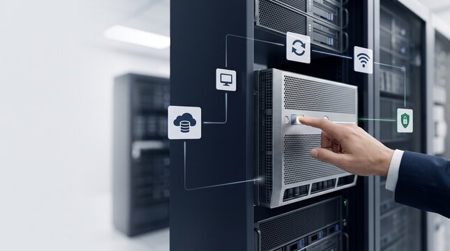 Engineer pressing server button displaying cloud network and security icons in data center   