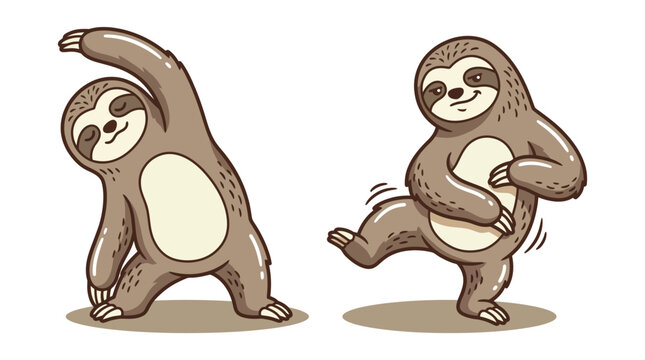 Vector illustration of two cartoon sloths practicing yoga and dancing for fitness and wellness themes