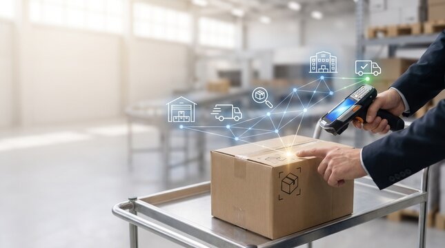 Worker scanning cardboard box with barcode terminal showing supply chain logistics network in warehouse   