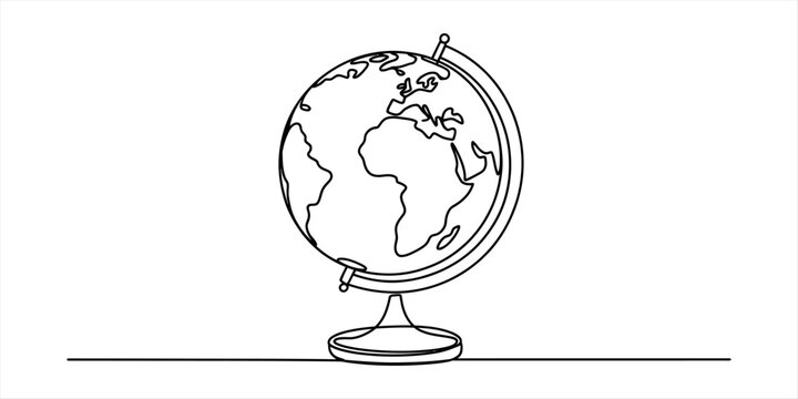 Continuous single line drawing of a world globe on a stand showing continents and earth map for travel concept