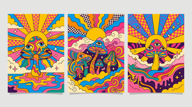 Vibrant Psychedelic Mushroom Poster Set featuring surreal fungi with eyes, retro sunbursts, and melting colorful patterns ideal for music festival branding and creative artistic backgrounds.