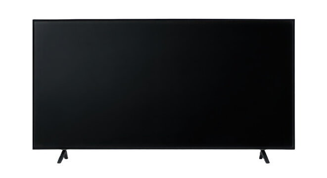 Television set with a wide blank black screen stands against a plain transparent studio background.