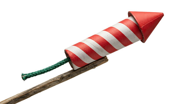 Red and white striped firework rocket on stick isolated on transparent background