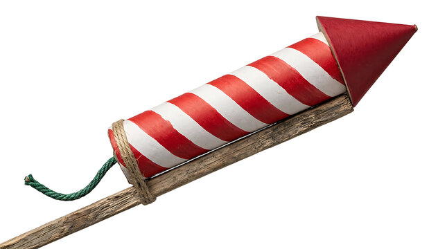 Red and white striped firework rocket on stick isolated on transparent background
