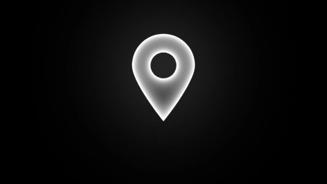 Glowing white map pin icon animation on black background, navigation and location concept.