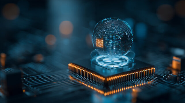 A digital globe positioned above a computer processor represents global computing and worldwide network connectivity.

