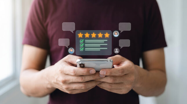 Consumer interface application mobile feedback review smartphone rating. Digital online shopping purchase. modern smartphone screen technology, client service cyberspace