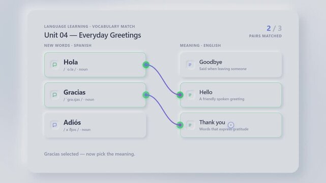 Interactive language learning interface showing a vocabulary matching exercise for Spanish greetings