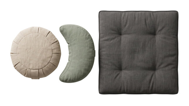 Meditation cushions isolated on white background, zafu and zabuton set, modern mindfulness and yoga practice props