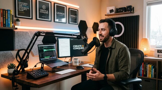 Young man podcasting at home studio, content creation and streaming