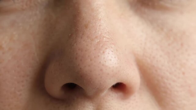 Close-up view of a woman's nose showing visible skin pores and natural skin texture for dermatology and skincare beauty concepts