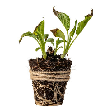 Young plant in a biodegradable pot with visible root structure and soil