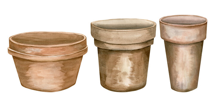 Set of three empty clay flower pots in different shapes and sizes, rustic terracotta planters isolated on white background, hand painted watercolor illustration for gardening and home decor